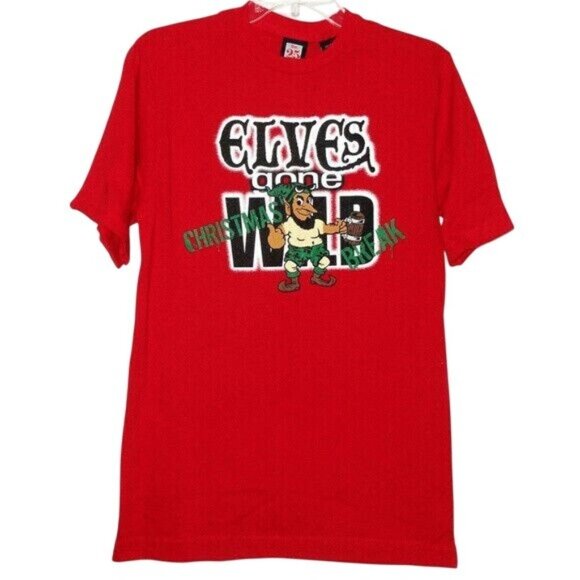 Elves Gone Wild Size S T-Shirt Mens Christmas Graphic Red Holiday Cheer NEW - Picture 1 of 3